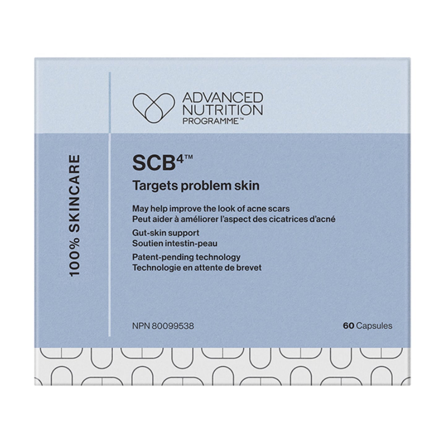 SCB4 by Advanced Nutrition Programme targets problem skin with gut-skin support and patented technology, 60 capsule supplement box.