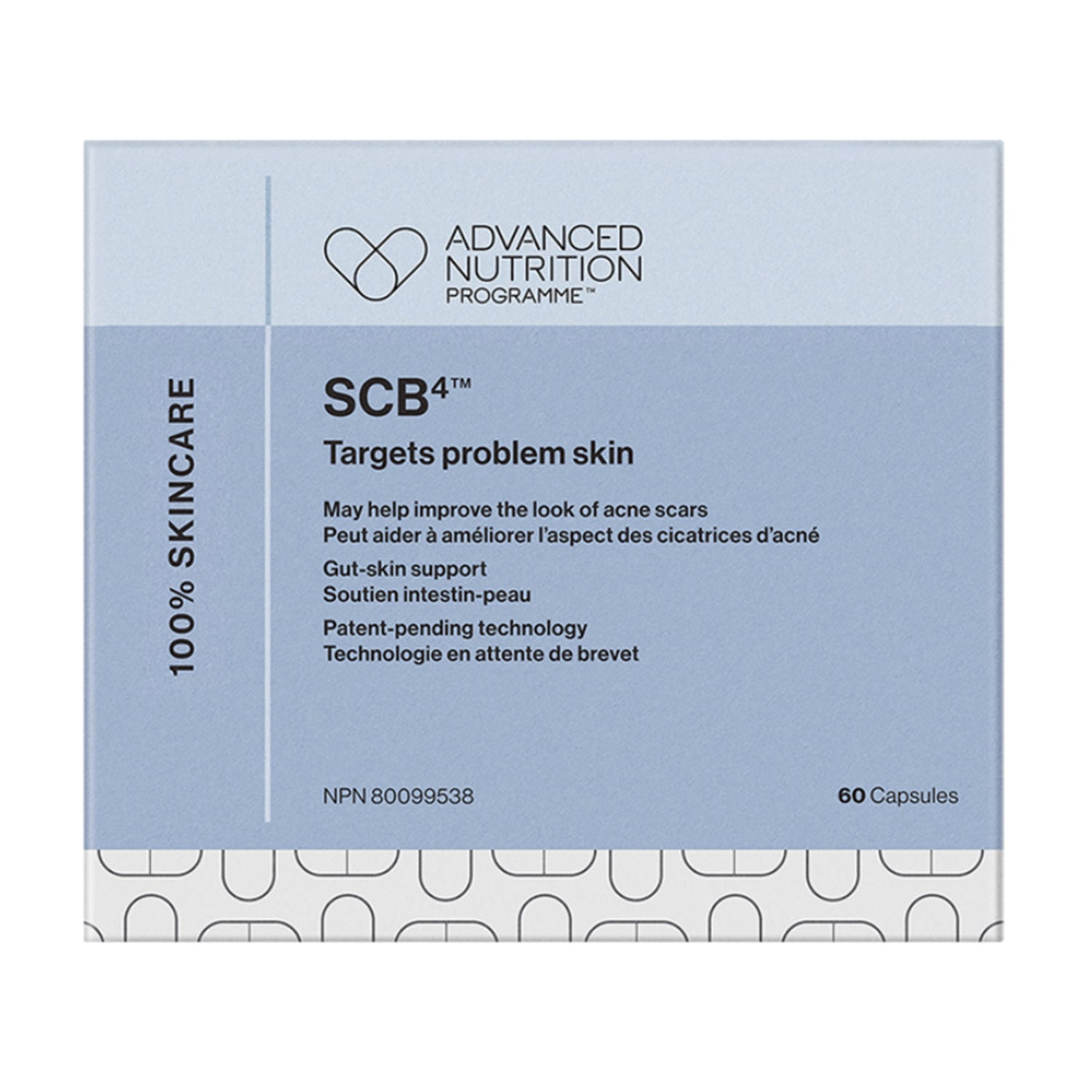 SCB4 by Advanced Nutrition Programme targets problem skin with gut-skin support and patented technology, 60 capsule supplement box.