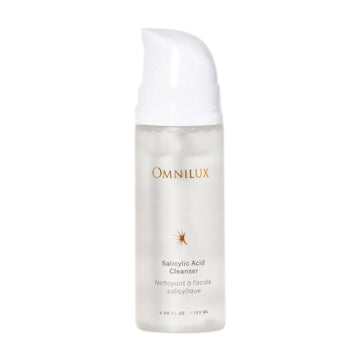 Omnilux Salicylic Acid Cleanser in 120ml pump bottle for clear skin and unclogged pores. Ideal face wash cleanser for pre-LED skincare routine.