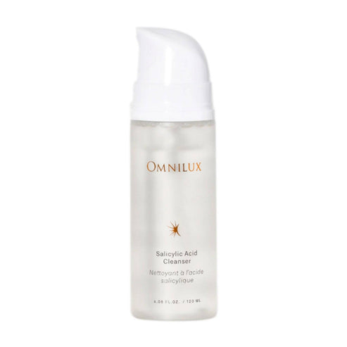 Omnilux Salicylic Acid Cleanser in 120ml pump bottle for clear skin and unclogged pores. Ideal face wash cleanser for pre-LED skincare routine.