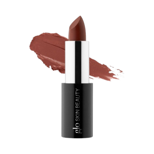 Glo Skin Beauty Satin Lipstick in chocolate brown tone. Creamy, antioxidant-rich lipstick for smooth, long-lasting lip color.