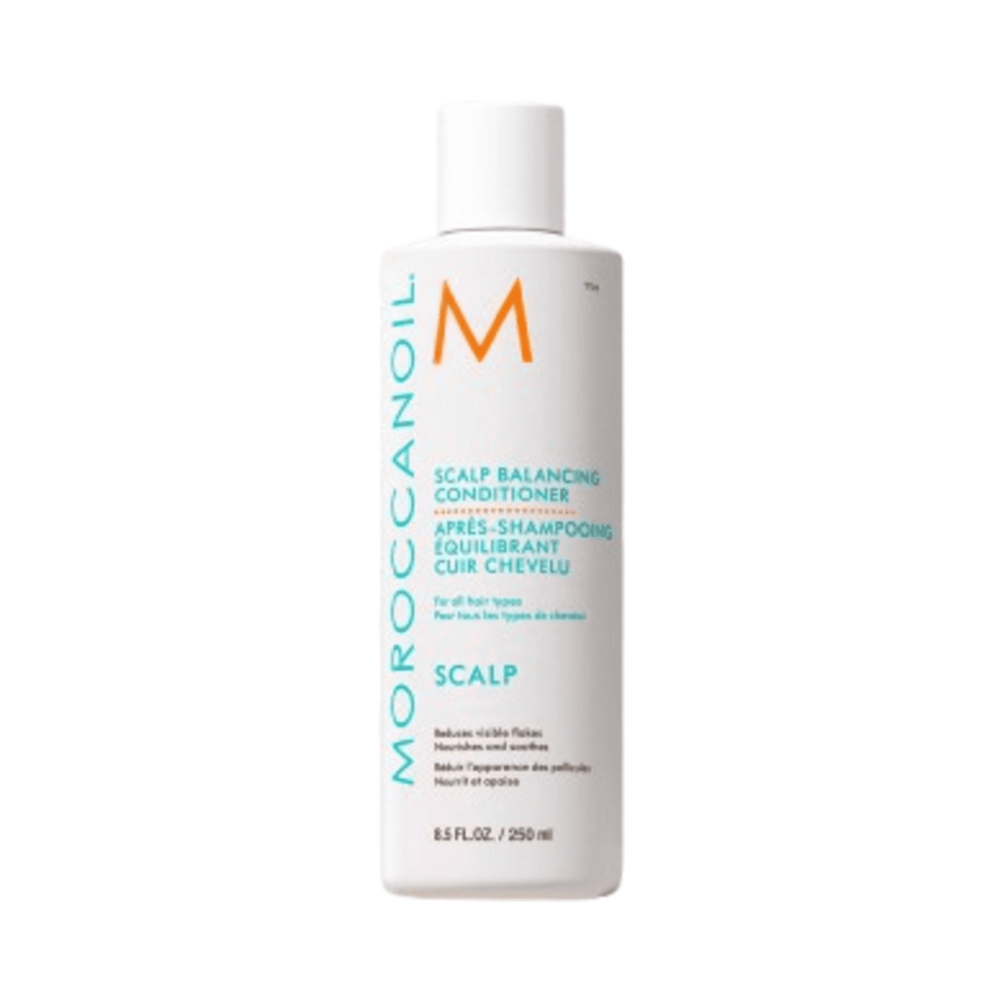 Moroccanoil Scalp Balancing Conditioner bottle with niacinamide and salicylic acid for soothing and moisturizing dry or oily scalps.