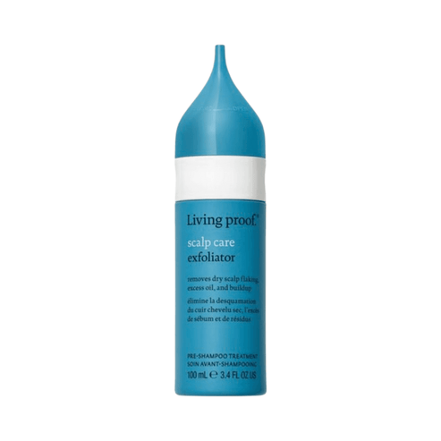 Living Proof Scalp Care Exfoliator bottle with pointed applicator tip, ideal for reducing flaking and buildup. Pre-shampoo hair treatment for oily scalp.