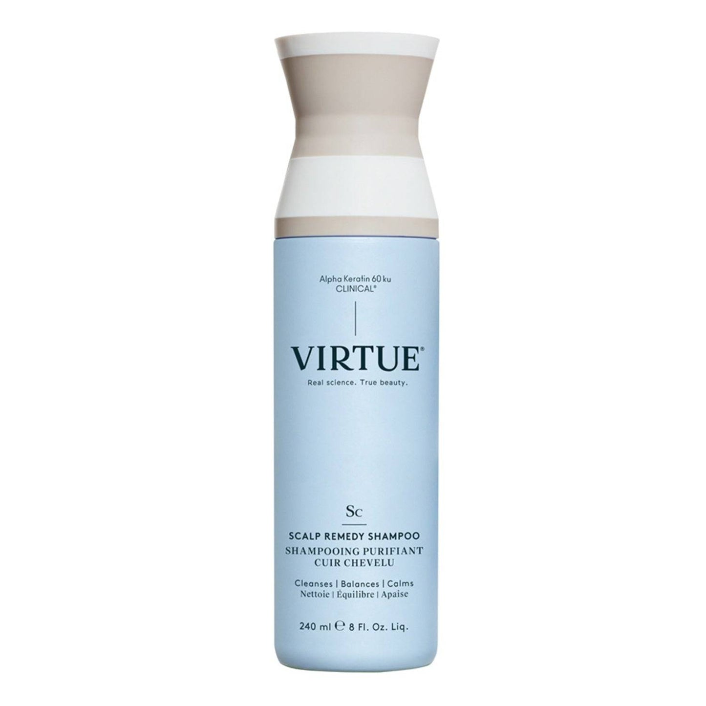 Virtue Scalp Remedy Shampoo in 240ml bottle, designed to balance the scalp microbiome and cleanse hair. Ideal for nourishing and hydrating scalp care.