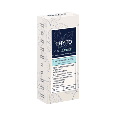 Retail packaging of Phyto Scalp Concentrate - Scalp Fortifying Solution, highlighting key ingredients and usage for all scalp types. 30ml hair treatment box.