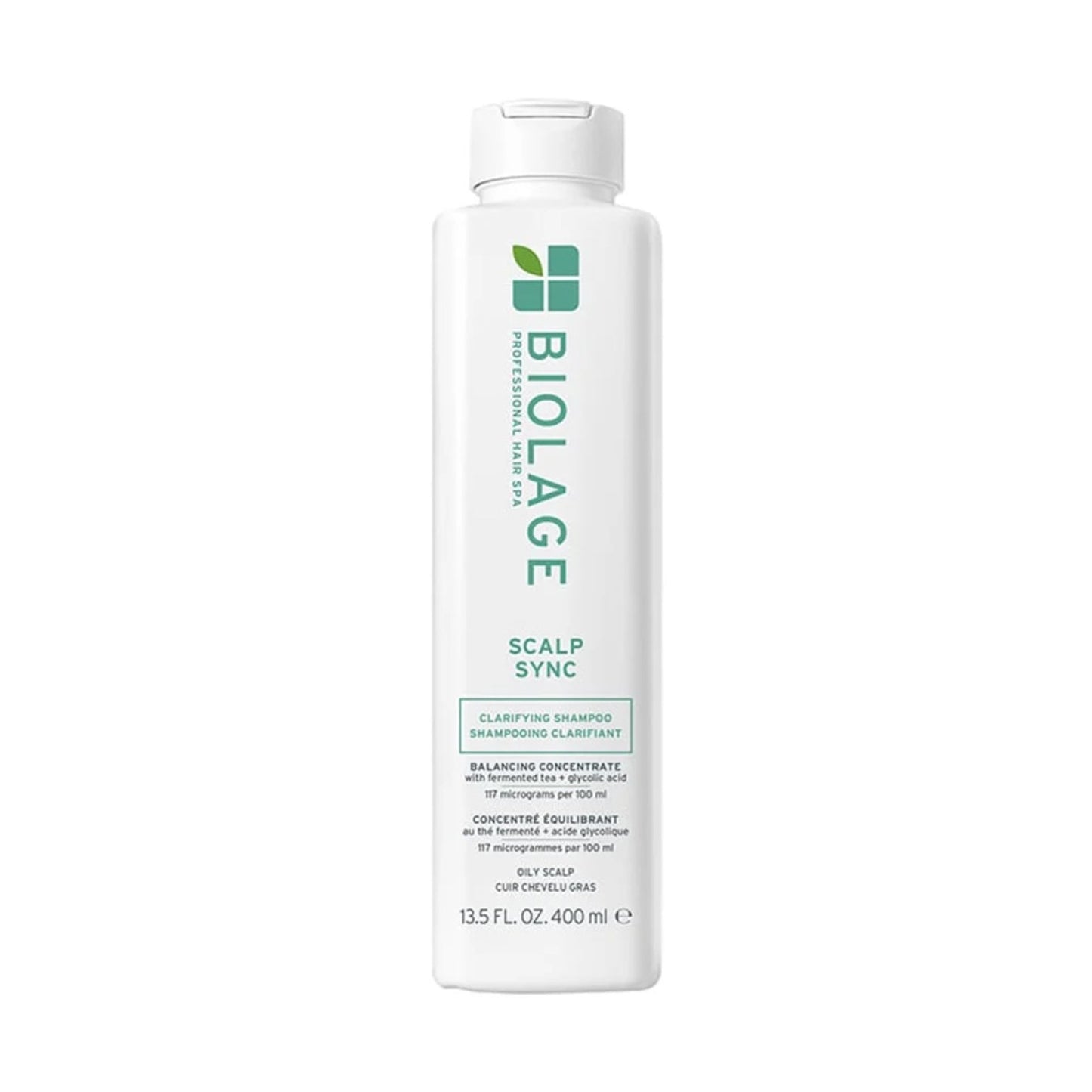 Biolage Scalp Sync Clarifying Shampoo 400 ml bottle with balancing concentrate for oily scalp, enriched with salicylic acid.