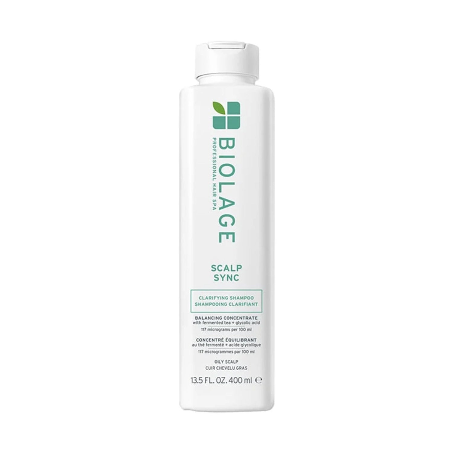 Biolage Scalp Sync Clarifying Shampoo 400 ml bottle with balancing concentrate for oily scalp, enriched with salicylic acid.