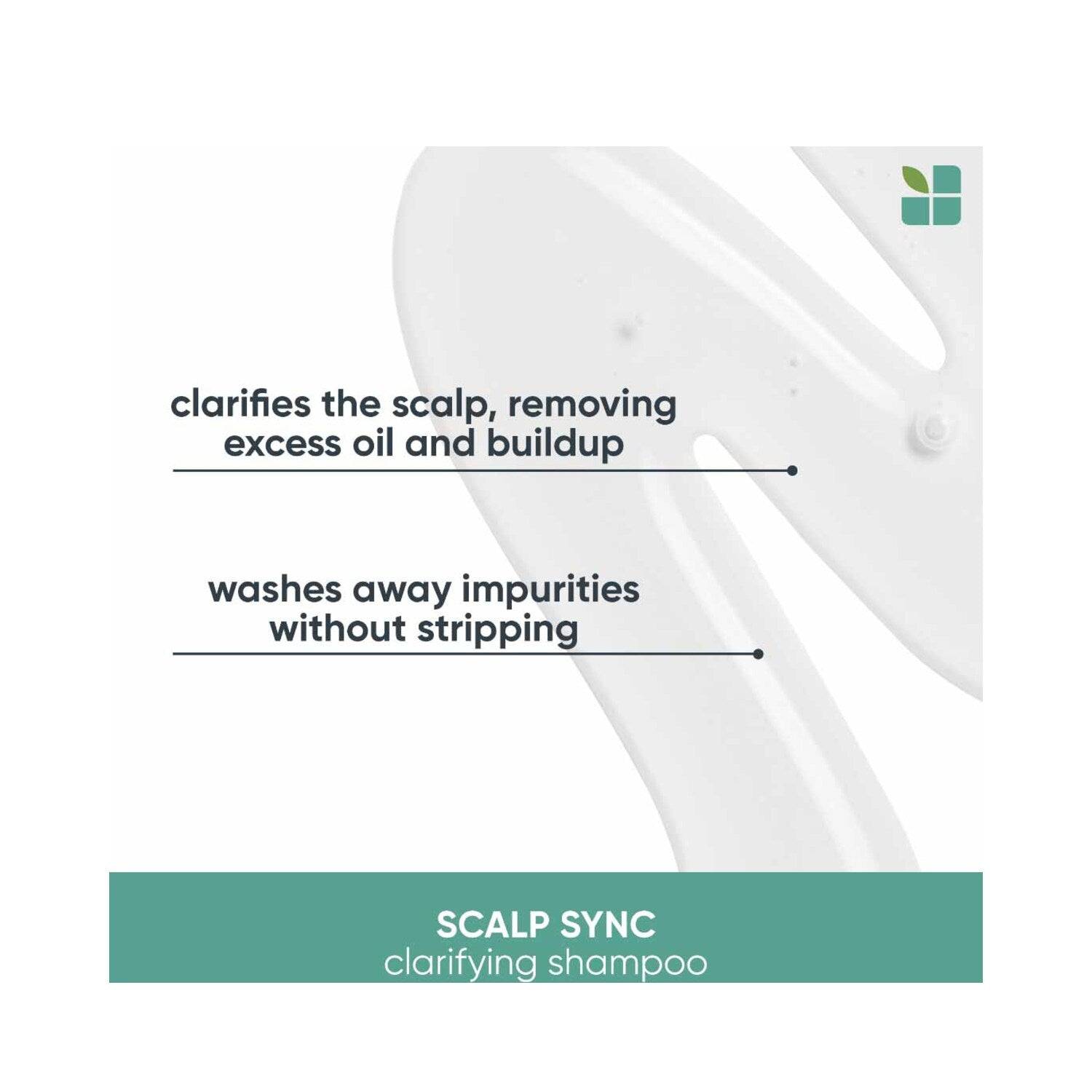 Key features of Biolage Scalp Sync Clarifying Shampoo include clarifying scalp and removing excess oil without stripping hair.