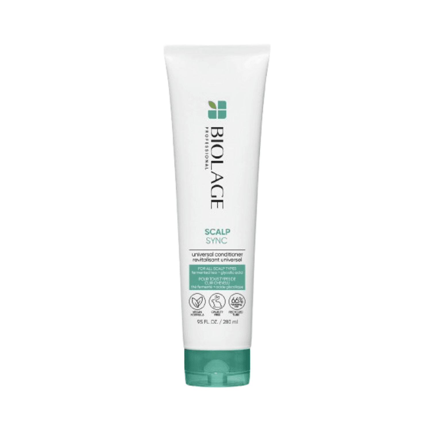 Biolage Scalp Sync Universal Conditioner in 8 fl oz tube, formulated for balancing and purifying all scalp types with glycolic acid and black tea.