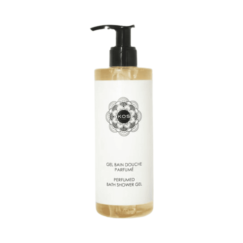 Kos Paris Scented Bath Shower Gel with aloe vera in a clear pump bottle. Natural cleanse body wash for gentle, fragrant skin care.