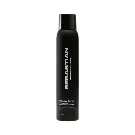 Sebastian Professional Forte volumizing mousse in a black aerosol can, designed for strong hold and fuller-looking hair.