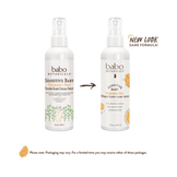 Side-by-side packaging update of Babo Botanicals Diaper Rash Cream Spray, highlighting new look with same sensitive baby care formula.