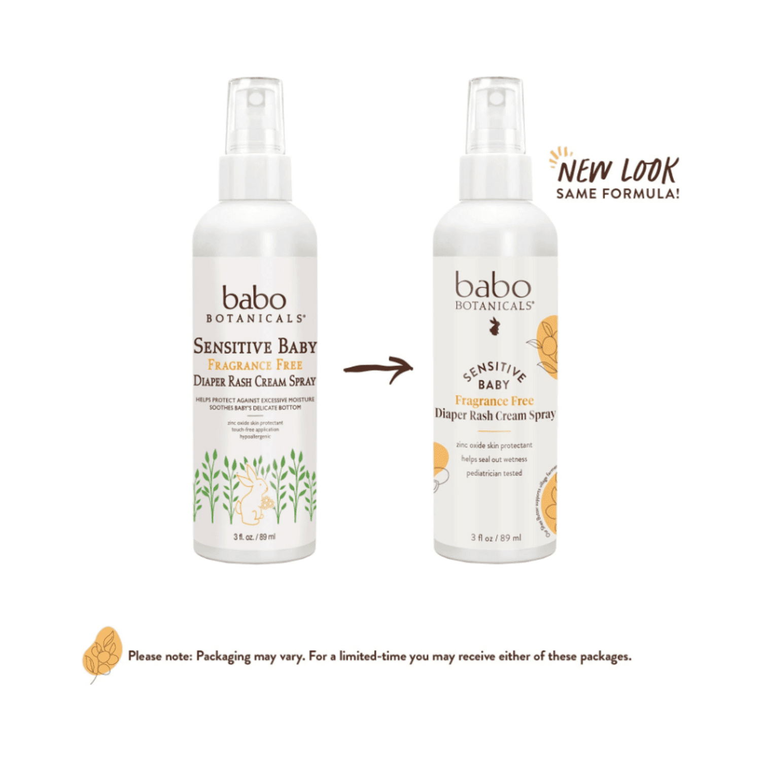 Side-by-side packaging update of Babo Botanicals Diaper Rash Cream Spray, highlighting new look with same sensitive baby care formula.