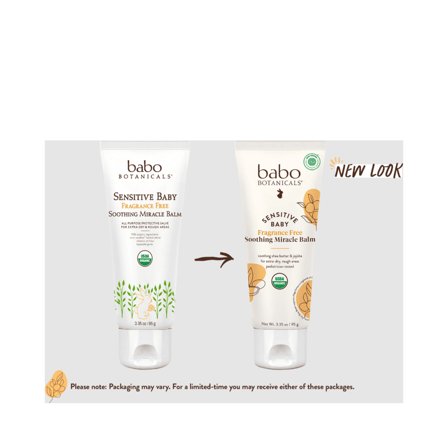 Packaging transition of Babo Botanicals Baby Balm - Sensitive Skin | Rich Botanicals, highlighting new look with same gentle, fragrance-free formula for babies.