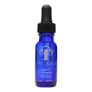 Circadia Serum 71 face and neck treatment in a 15mL blue glass bottle with dropper cap, ideal for mature skin and fine lines.