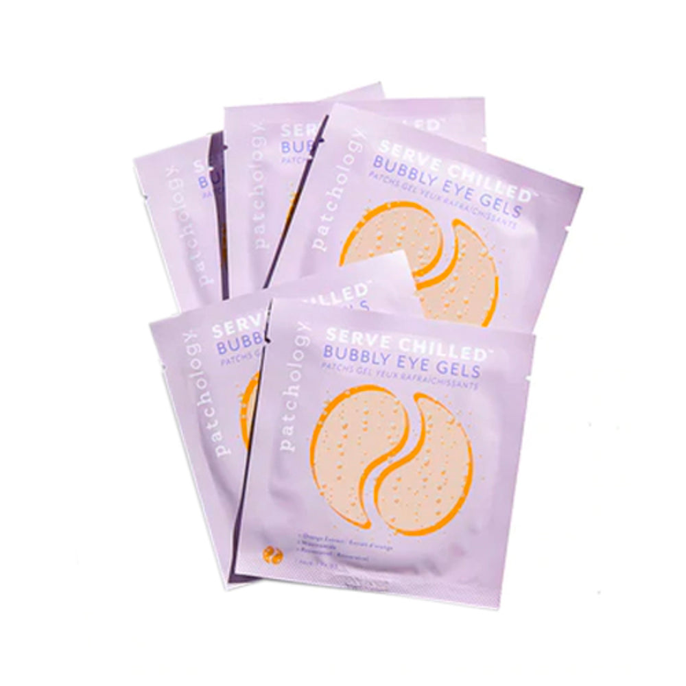 Patchology Serve Chilled Eye Gel packs featuring bubbly design for revitalizing under-eye treatment. Hydrating eye care with Vitamin C and Hyaluronic Acid.