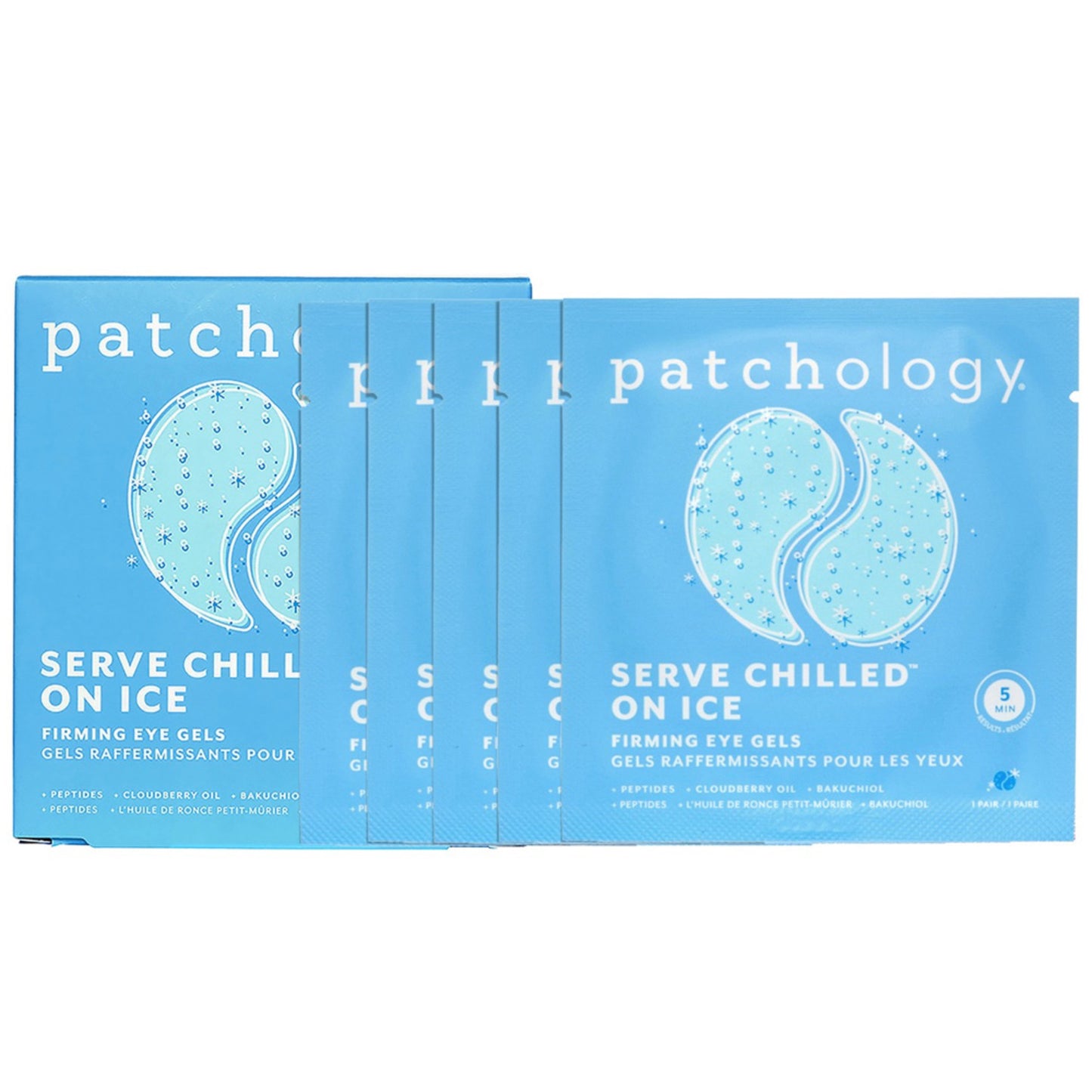 Patchology Firming Eye Gels - Refreshing Treatment 5 Pairs in blue packaging, ideal for depuffing and smoothing under-eye skin with collagen and peptides.
