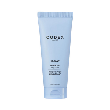 Codex Shaant Balancing Clay Mask in a 100g light blue tube, designed to reduce oiliness and redness while smoothing skin texture.