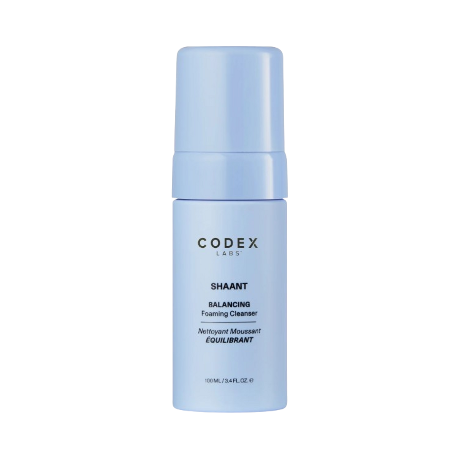 Codex Shaant Balancing Foaming Cleanser in a 100ml light blue bottle, ideal foaming facial cleanser for all skin types with micellar water formula.