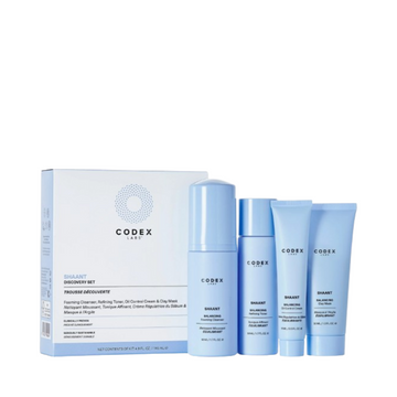 Codex Shaant Skincare Set with foaming cleanser, toner, oil control cream, and clay mask in blue tubes and box. Ideal for oily and dry skin care.