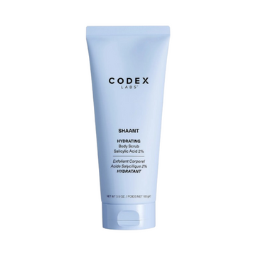 Codex Shaant Hydrating Acne Body Scrub with 2% Salicylic Acid in a 100g tube, ideal for exfoliating and hydrating acne-prone skin. Available at SkinCareRX.