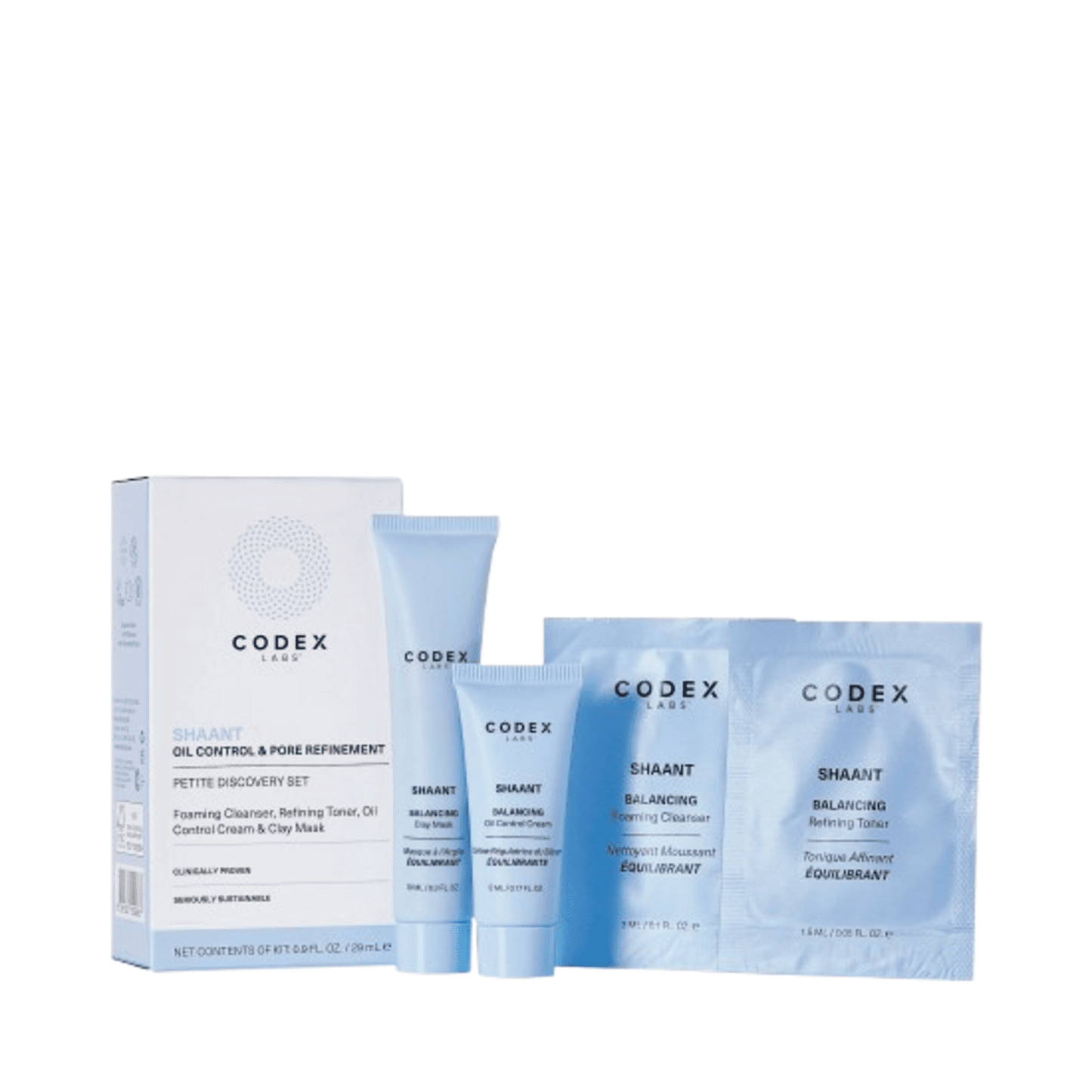 Codex Shaant Petite Set skin care value kit with foaming cleanser, refining toner, and clay mask for face and neck oil control and pore care.