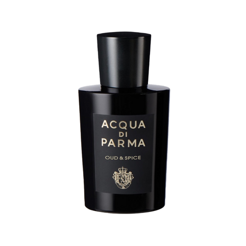 Acqua Di Parma Oud Spice Perfume 180ml with bold black bottle and gold label, offering a rich blend of oud, rose, and pepper notes.