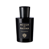 Acqua Di Parma Oud Spice Perfume 180ml with bold black bottle and gold label, offering a rich blend of oud, rose, and pepper notes.