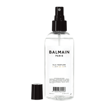 BALMAIN Hair Silk Perfume 200ml spray bottle with black cap, designed to detangle, repair and add shine to damaged hair for brilliant protection.