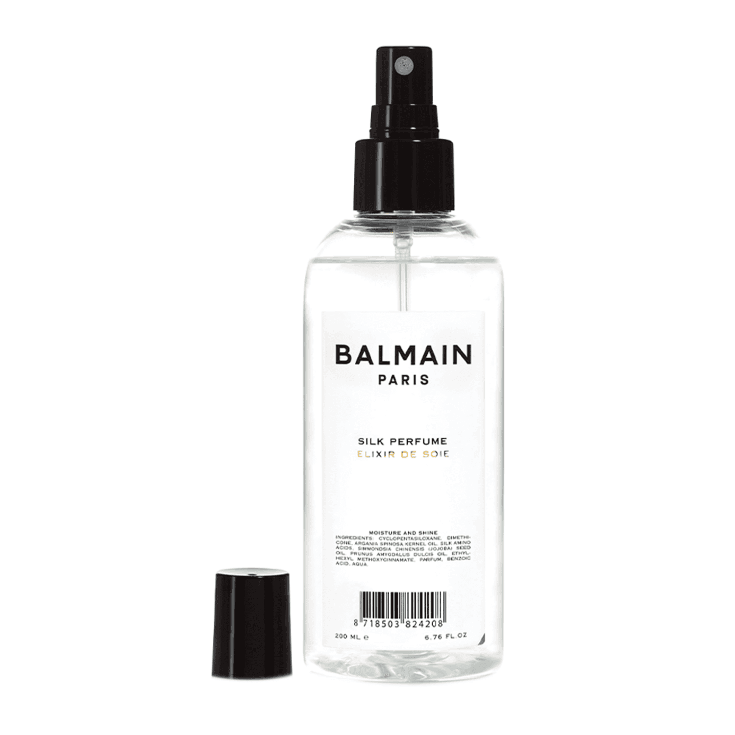 BALMAIN Hair Silk Perfume 200ml in clear bottle with black spray nozzle, ideal for shine, heat protection and hair repair with argan and jojoba oils.