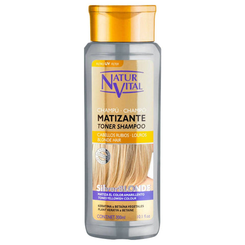 Natur Vital Silver Blonde Shampoo for blonde hair, vegan toning shampoo with keratin and plant betaine to neutralize yellow tones and add shine.
