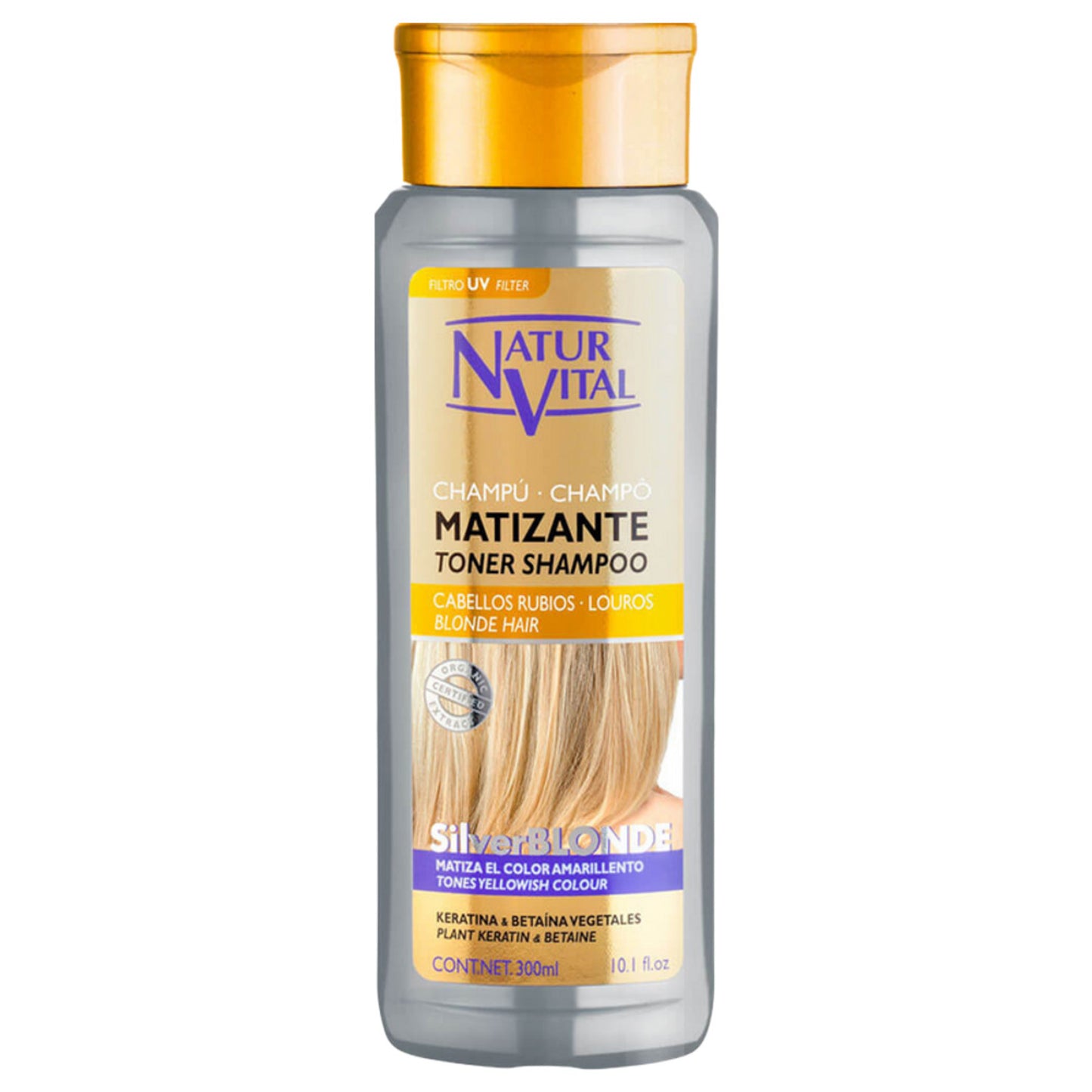 Natur Vital Silver Blonde Toner Shampoo in 300ml bottle, hydrates and protects color-treated blonde hair with blueberry and pomegranate extracts.