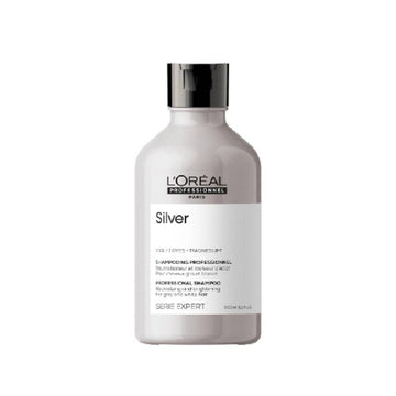 L'oreal Professional Paris Silver Shampoo in 300ml bottle for blonde and grey hair care. Ideal for color protection and toning brassiness.