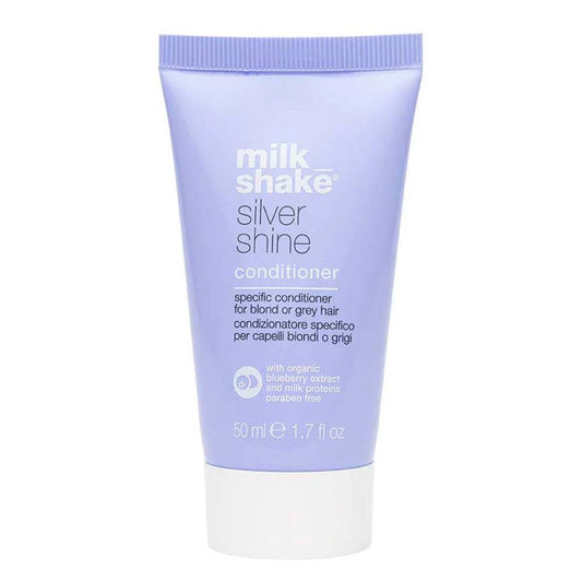 milk_shake Silver Shine Conditioner, 50 ml tub i resestorlek för upplyst hår, neutraliserar gula toner med organiska blåbärs- och mjölkproteinformel.