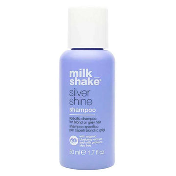 milk_shake Silver Shine Shampoo 50ml bottle for blonde or grey hair, enriched with organic blueberry extract and milk proteins. Ideal for neutralizing yellow tones.