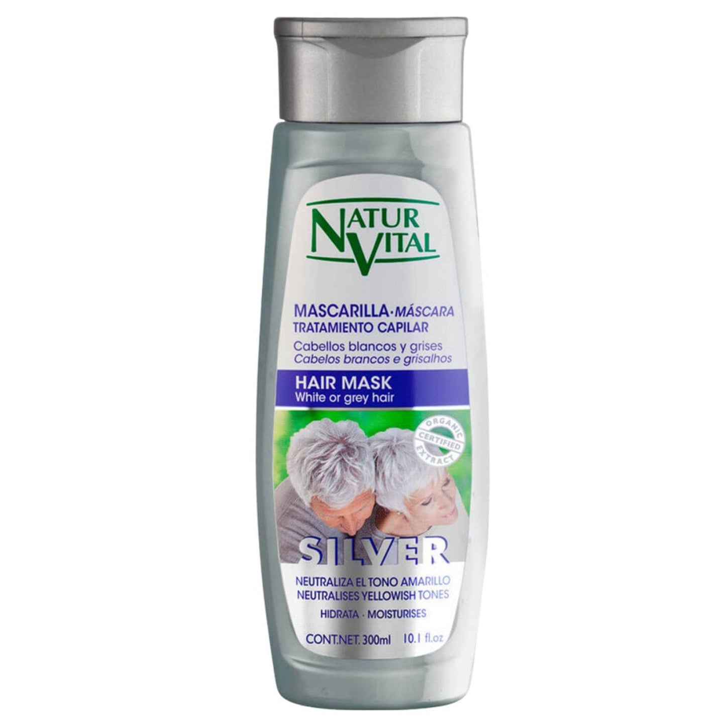 Natur Vital Silver Grey Hair Mask for white and grey hair, 300ml bottle. Neutralizes yellow tones and enhances silver tones for vibrant hair care.