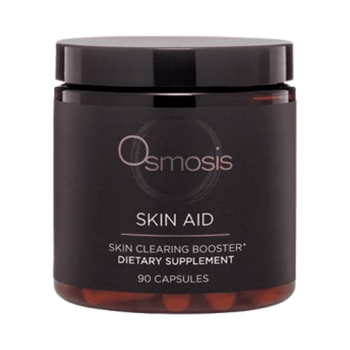 Osmosis Skin Aid natural skin supplements in a dark amber jar with 90 capsules for gut and skin health support.