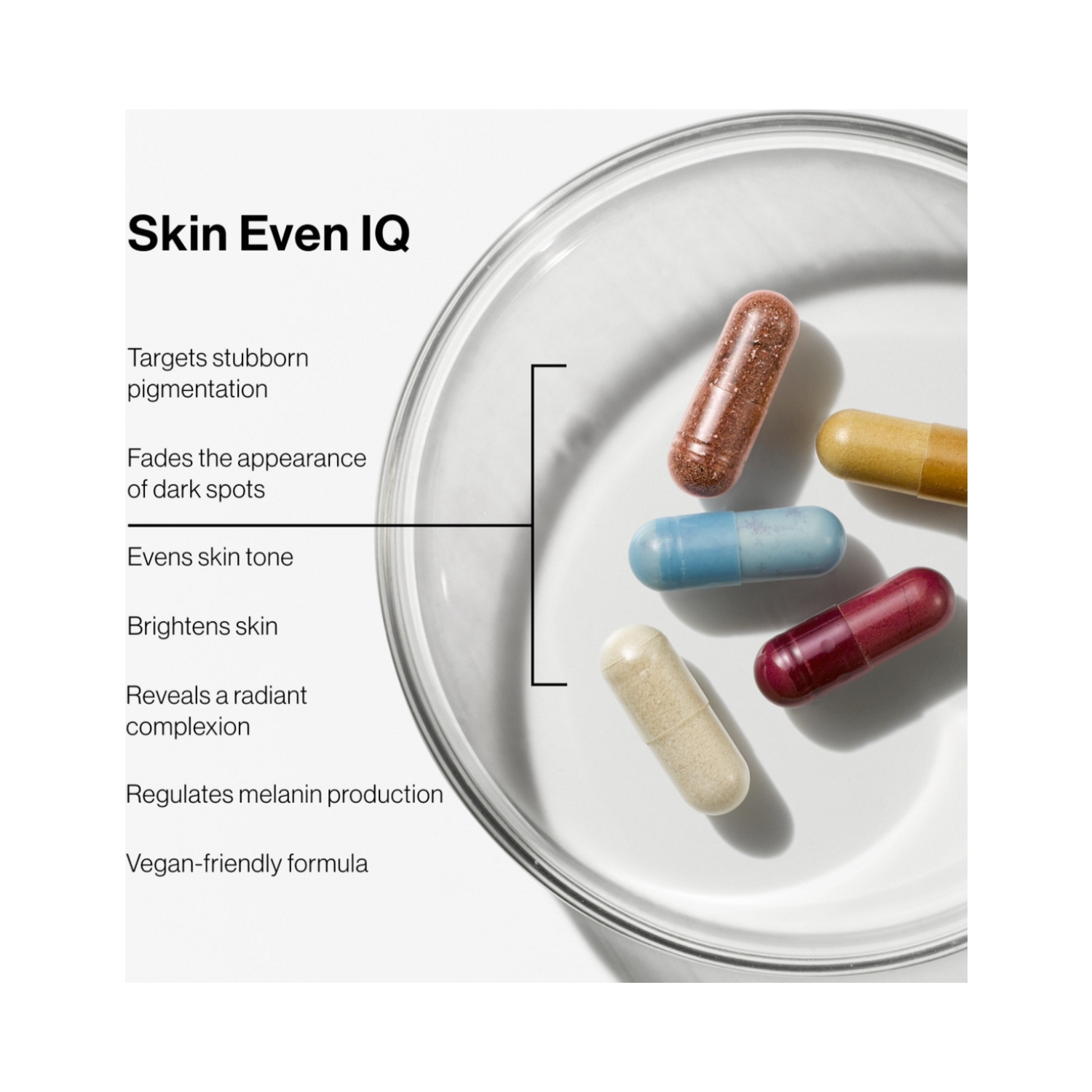 Close-up of Skin Even IQ capsules in various colors with benefits listed, including fading dark spots and brightening skin tone.