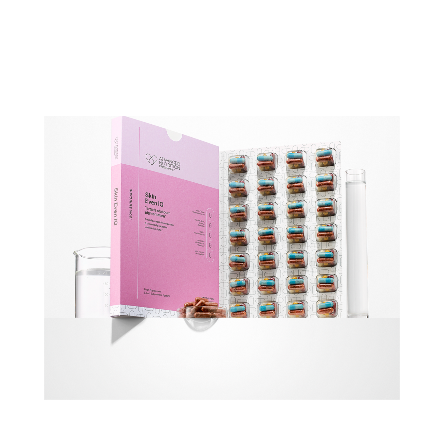 Advanced Nutrition Skin Even IQ full supplement kit with blister packs and glass tube, formulated to regulate melanin and even skin tone.