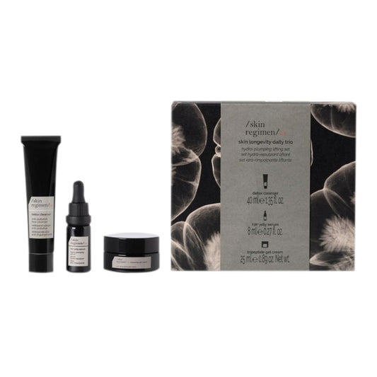 Skin Regimen Skin Longevity Daily Trio Gift Set with face cleanser, booster, and moisturizer for glowing skin in a premium skincare promotional kit.