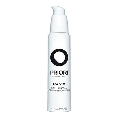 Priori LCA fx121 Skin Renewal Creme in a sleek white pump bottle, ideal for reducing fine lines and hydrating facial skin.