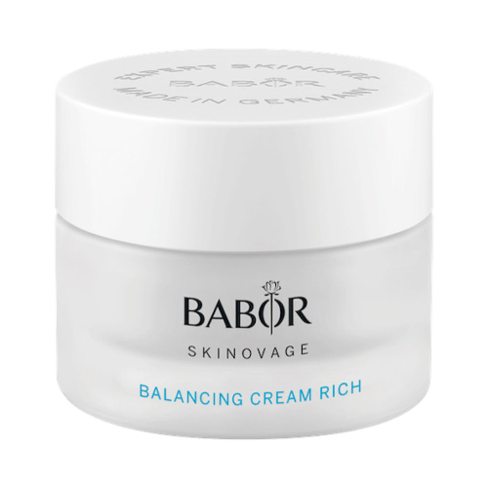 Babor Skinovage Cream - Babor Balancing Cream Rich for combination skin in a white jar with minimalist design. Ideal face cream for dry and oily areas.