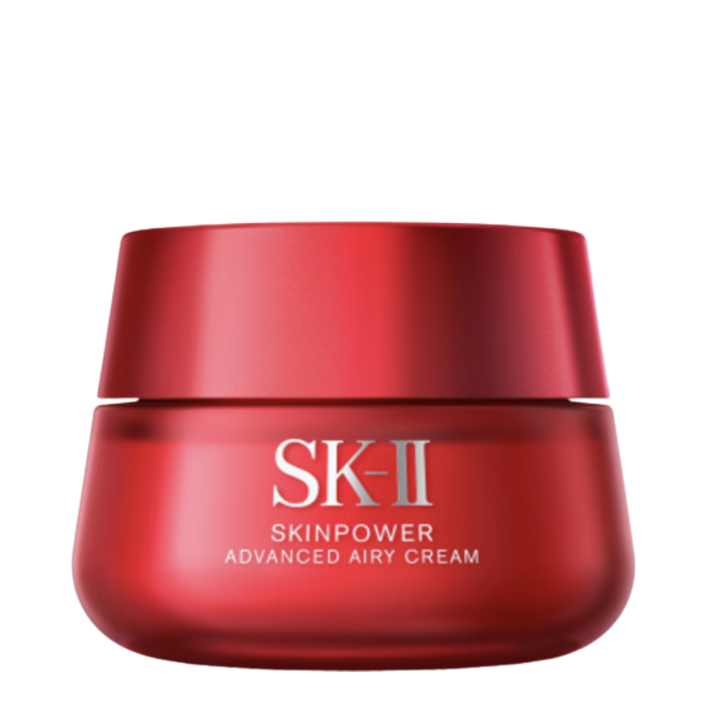 SK-II Skinpower Advanced Airy Cream Moisturizer in a sleek red jar, ideal for reducing fine lines and hydrating dry skin on face and neck.