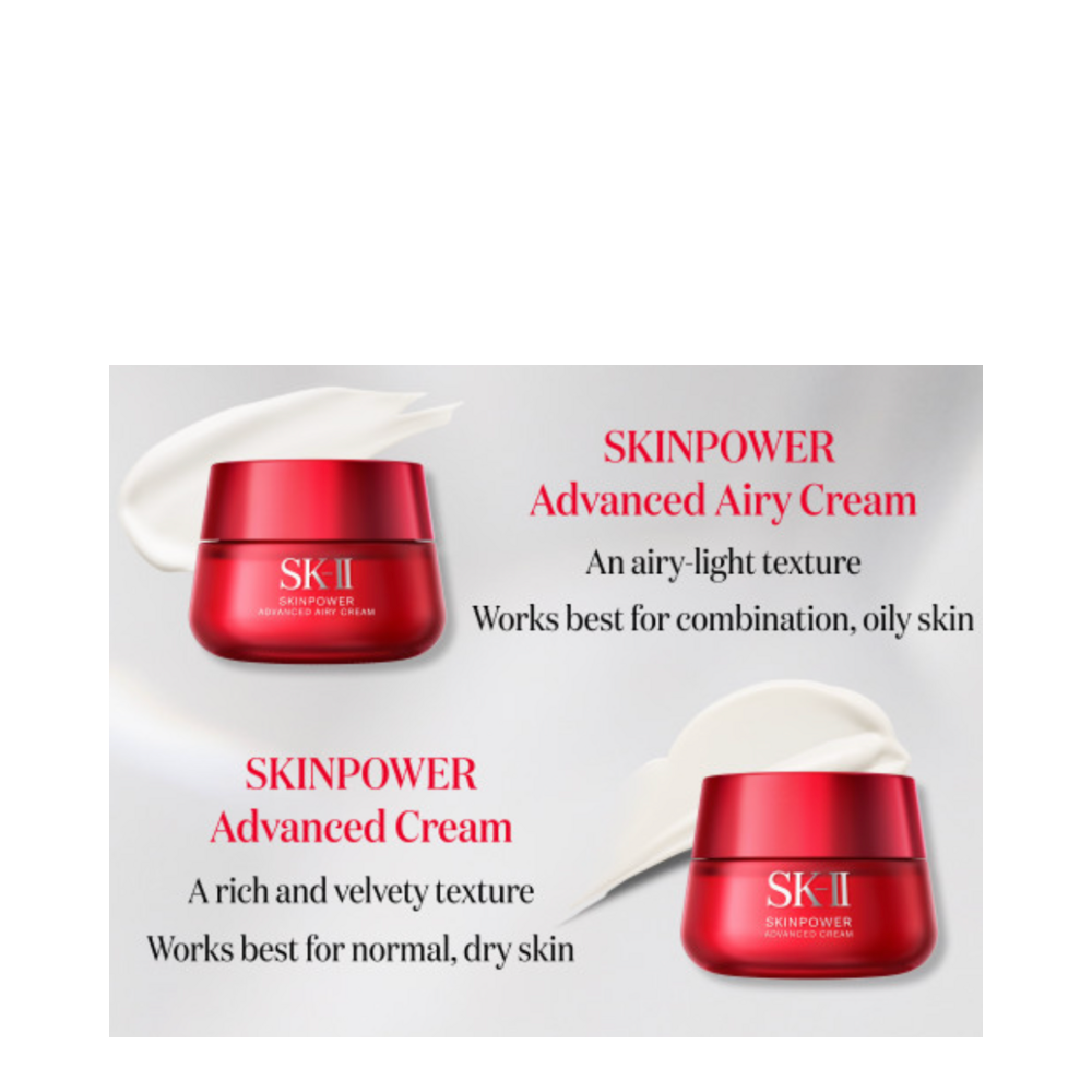 Comparison of SK-II Skinpower Advanced Airy Cream and Advanced Cream, highlighting textures and skin types for optimal moisturizing results.