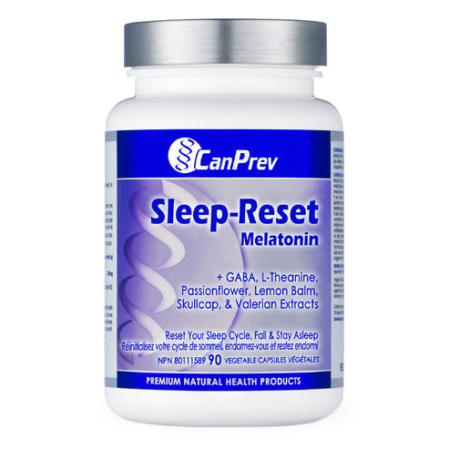 Front label of CanPrev Sleep-Reset Melatonin - Supplement | Enhances Sleep, featuring key ingredients like GABA, Lemon Balm, and Valerian Extracts.