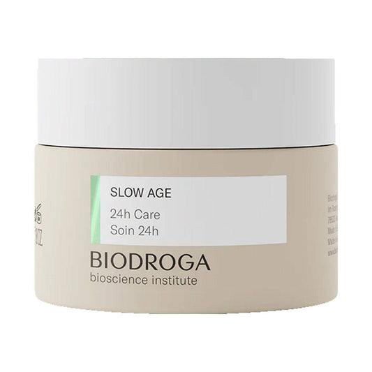 Biodroga 24h Skin Care -ihonhoitovoide Slow Age -sarjasta, joka on suunniteltu kosteuttamaan ja virkistämään väsynyt iho bioteknologisilla ainesosilla, kuten sitruunahapolla.