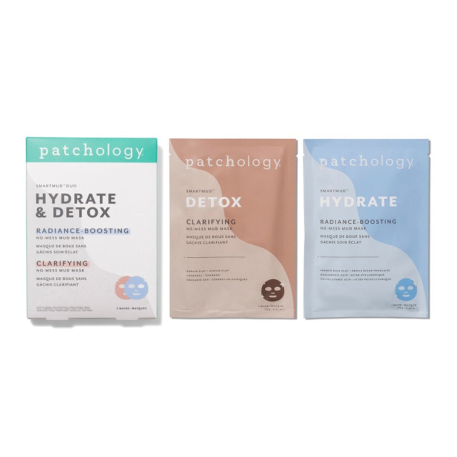Patchology SmartMud Duo Hydrate and Detox Face Mask set with individual Detox and Hydrate sachets for clarifying and radiance-boosting skincare.