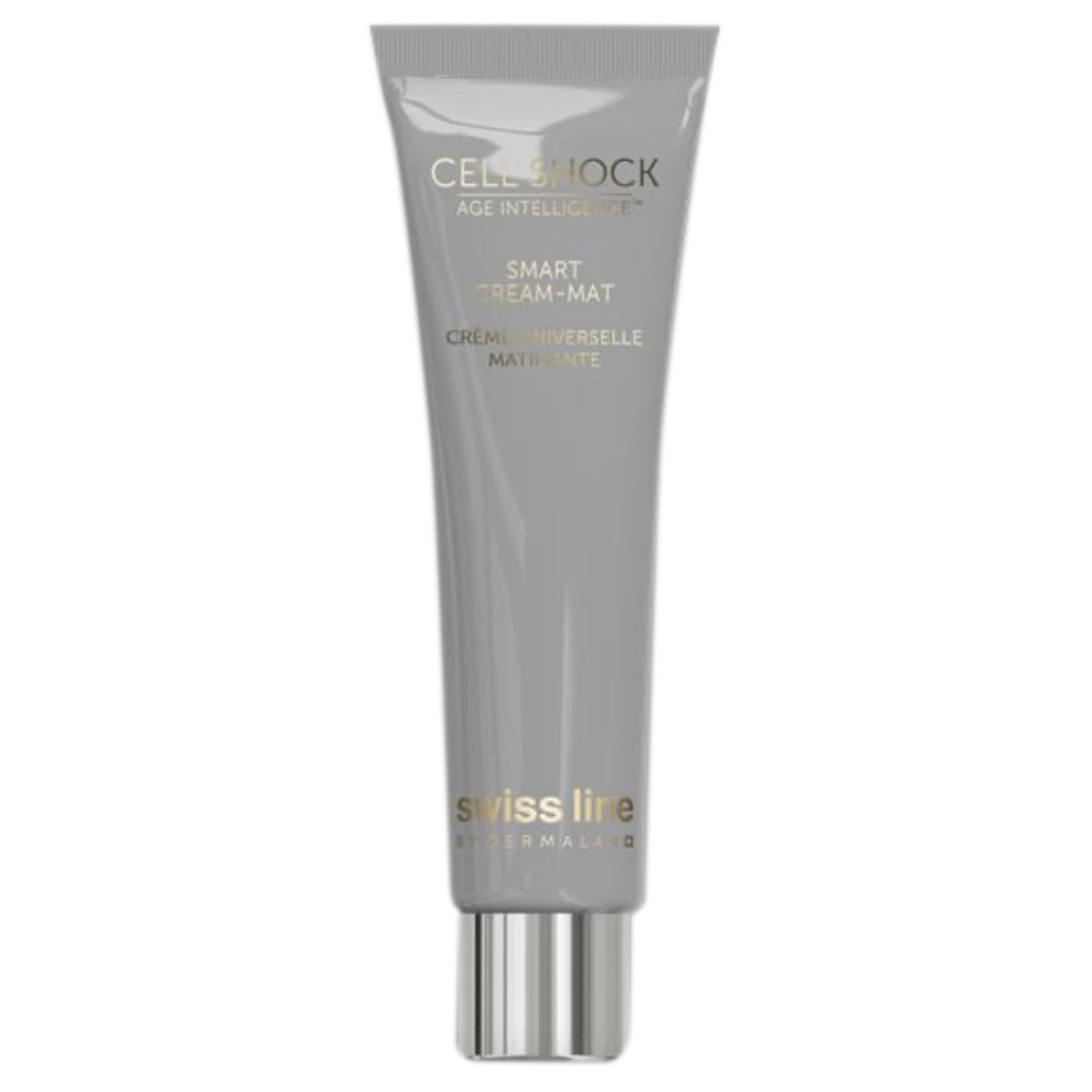 Swiss Line Smart Cream Mat in sleek grey tube packaging, oil-control face cream for shine-free, matte skin. Ideal for oily skin and daily use.