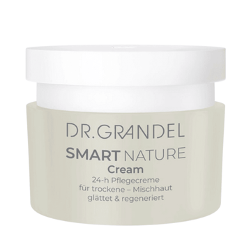 Dr Grandel Smart Nature Cream face cream in a white jar, designed to hydrate and smooth dry to combination skin for 24-hour care.