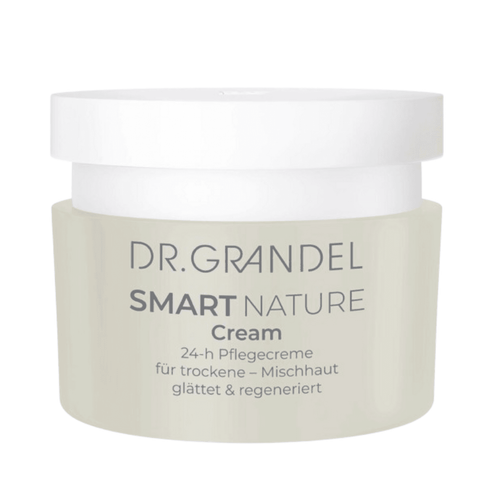 Dr Grandel Smart Nature Cream face cream in a white jar, designed to hydrate and smooth dry to combination skin for 24-hour care.